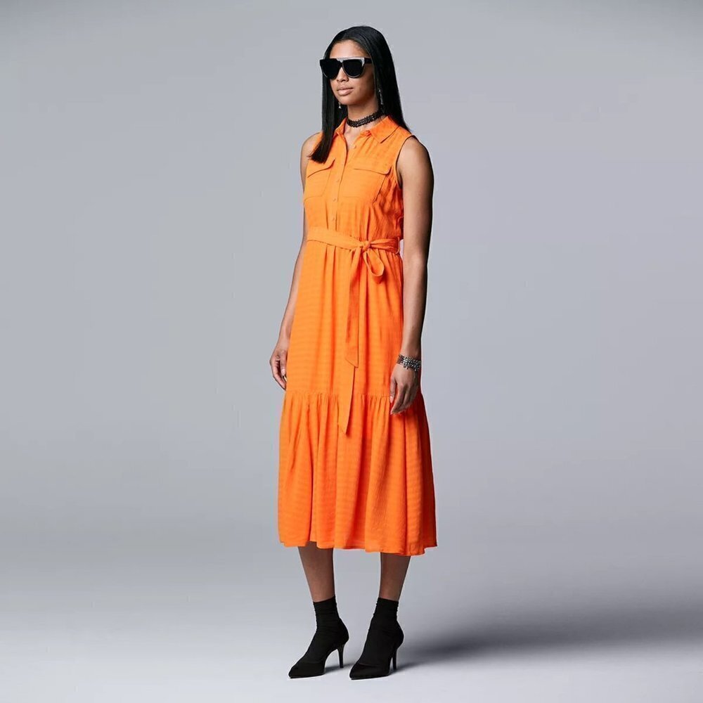 Simply Vera Wang Womens Orange Sleeveless Button Front Midi Shirt Dress Sz M New - Picture 3 of 9